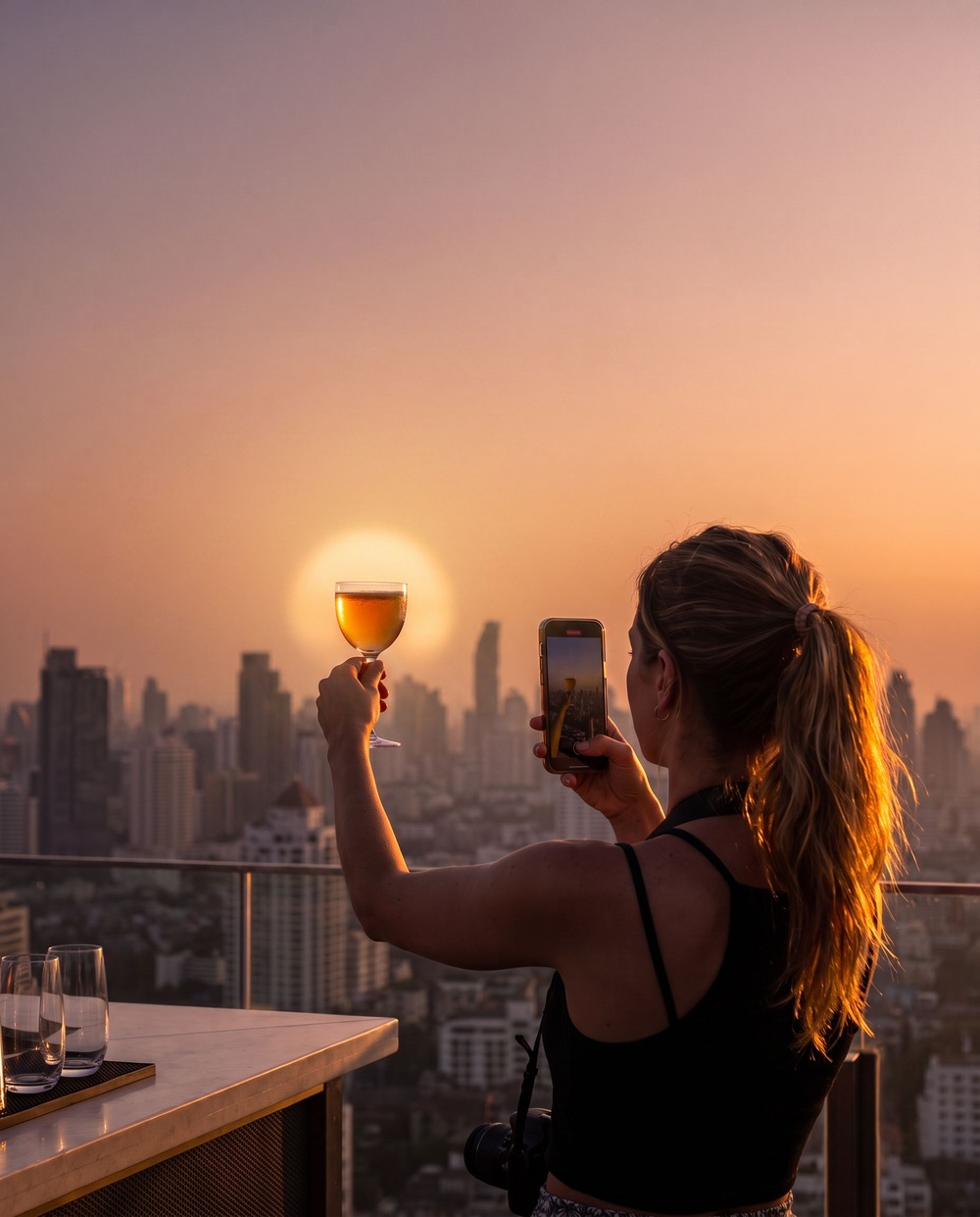 Bangkok rooftop bar at golden hour shot by a local creator