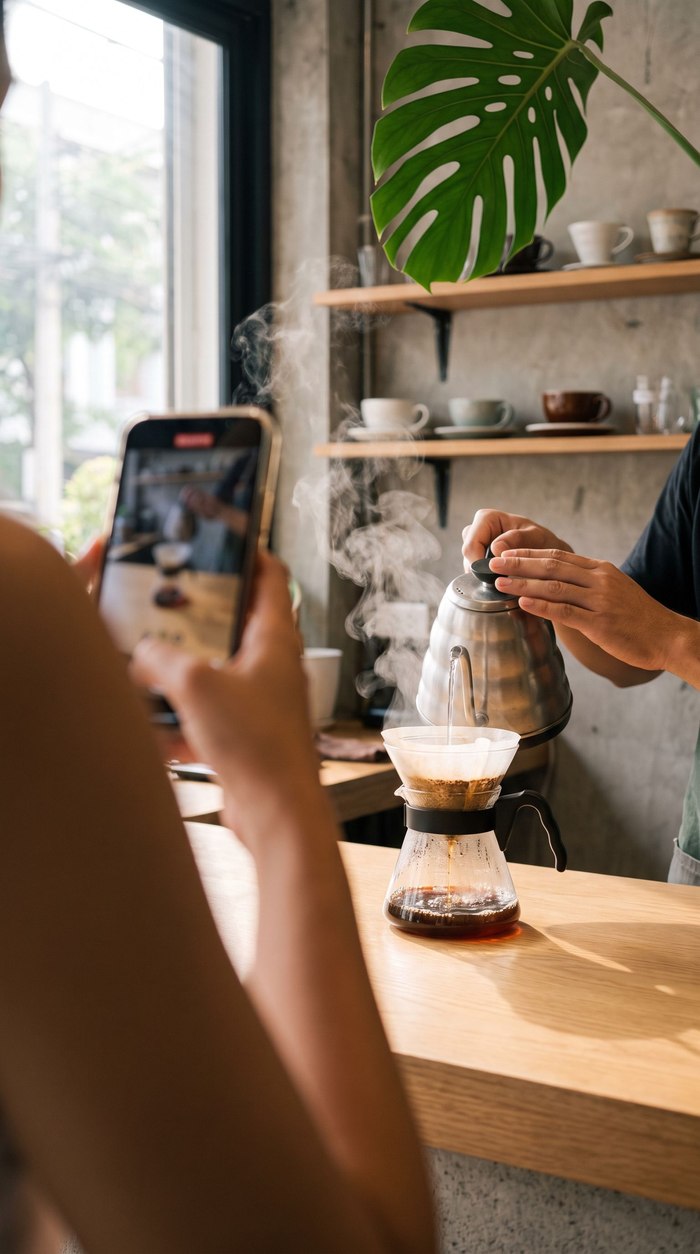 Creator filming a pour-over coffee in a Bangkok café on a phone