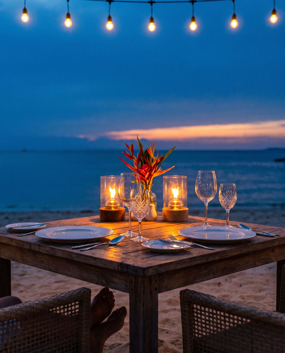 Beachfront dinner table at sunset on Koh Samui